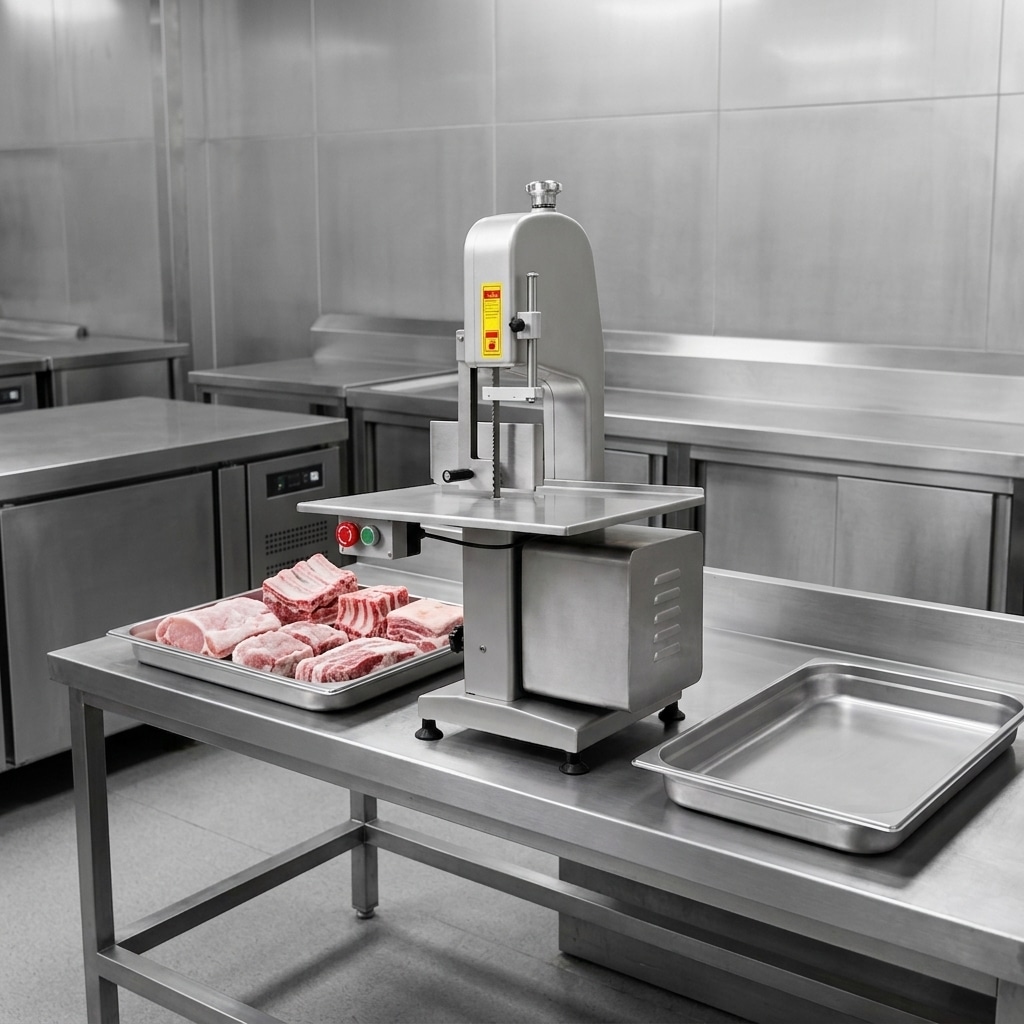 Commercial bone saw prepared for portioning frozen bone-in meat in a clean food processing workspace