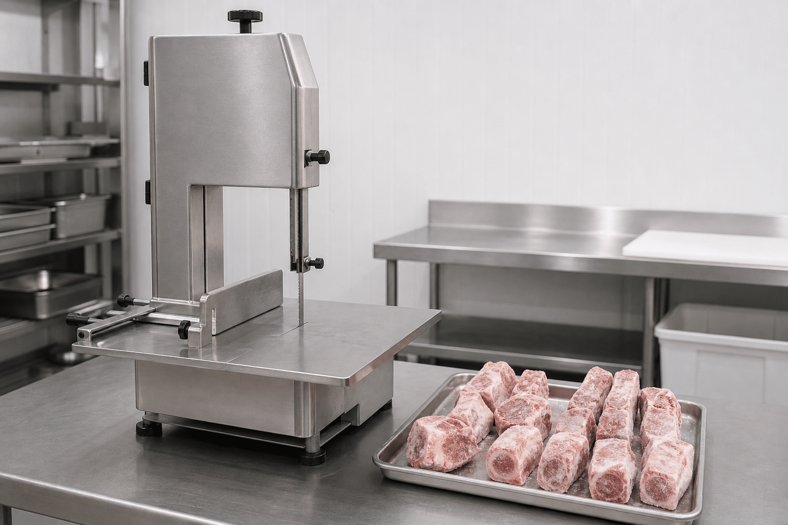 Commercial bone saw prepared for portioning frozen bone-in meat in a clean food processing workspace