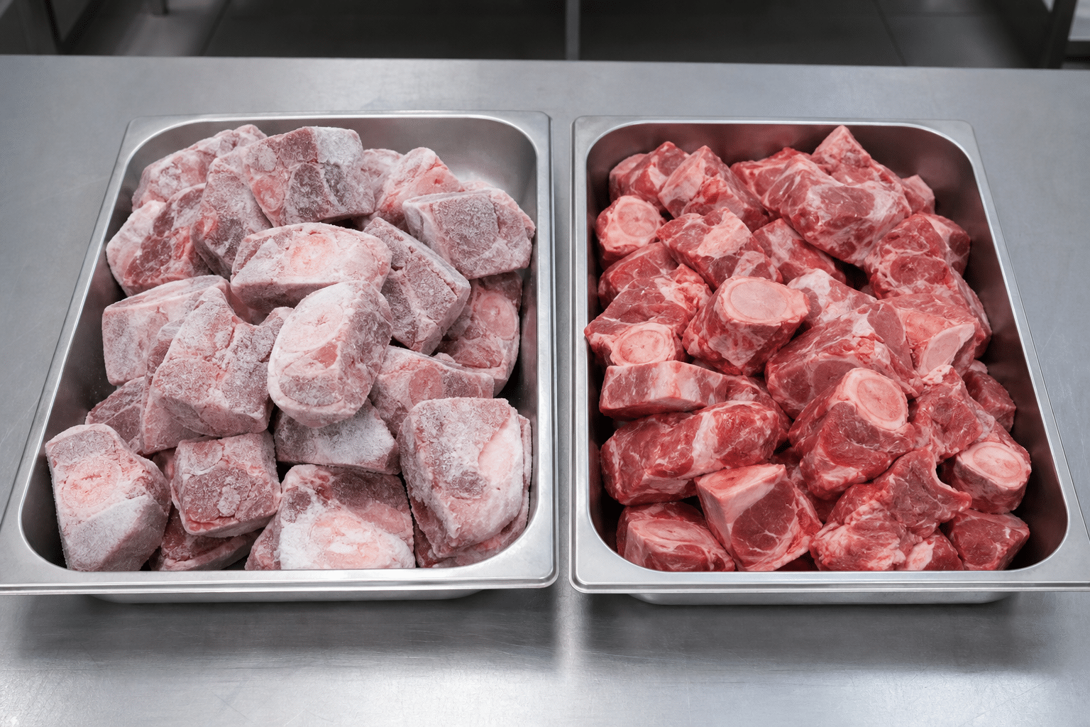 Separate trays showing frozen and chilled bone-in meat for comparison in a commercial preparation area