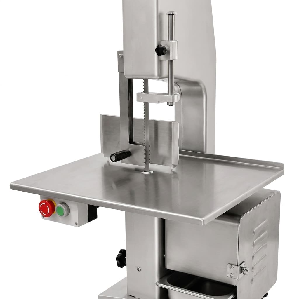 Commercial bone saw showing a clean worktable, product guide, and blade guard