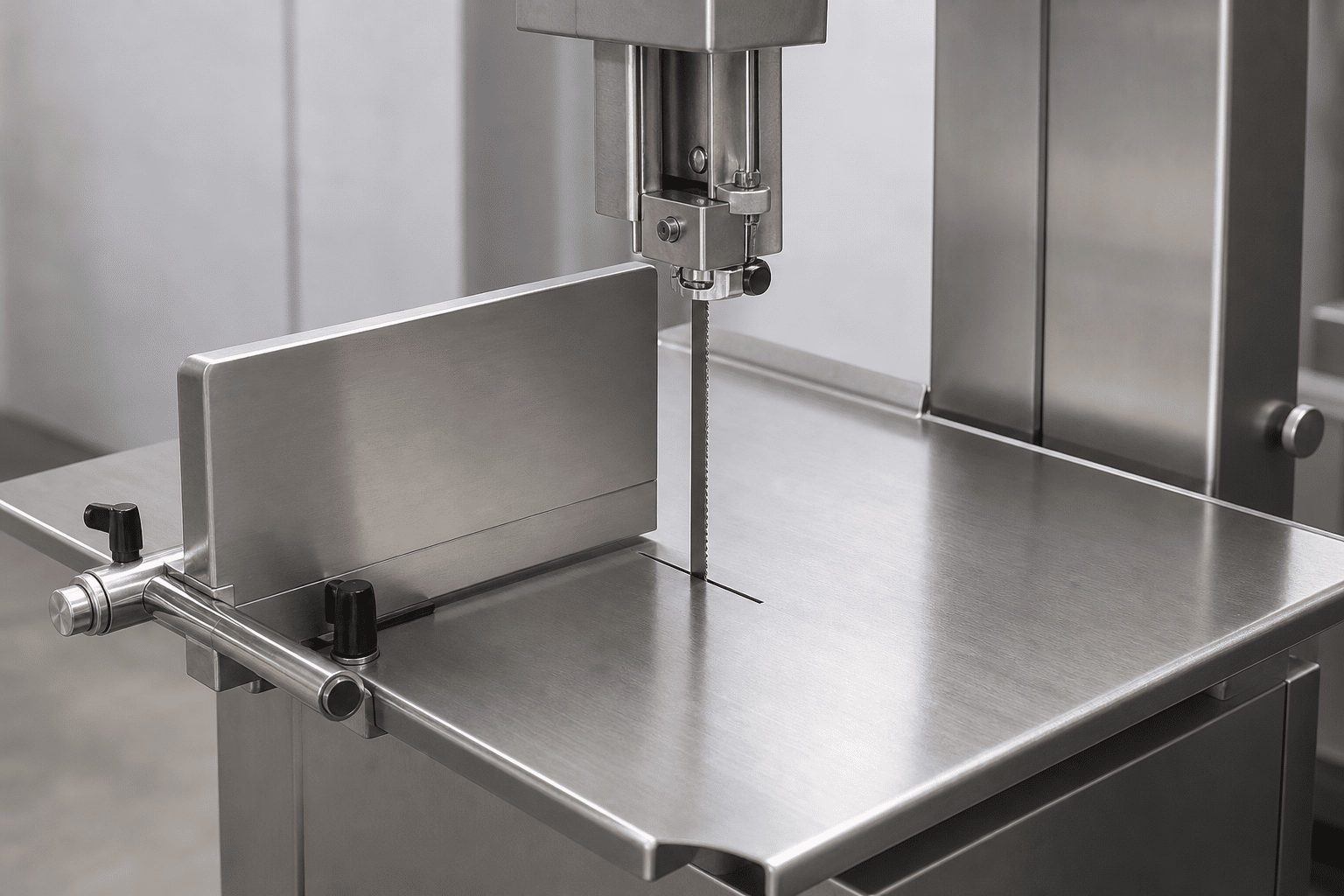 Commercial bone saw showing a clean worktable, product guide, and blade guard