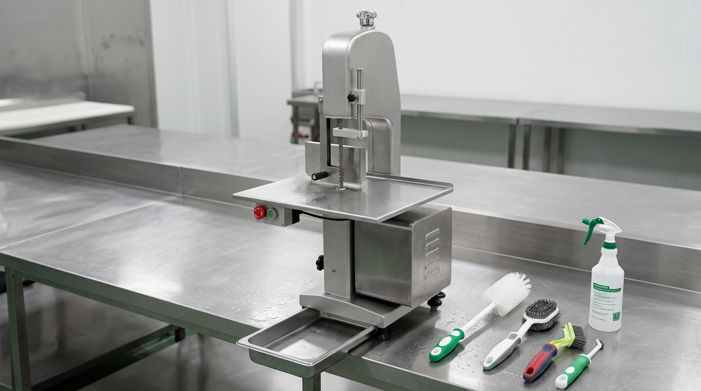 Clean commercial bone saw prepared for routine inspection and maintenance