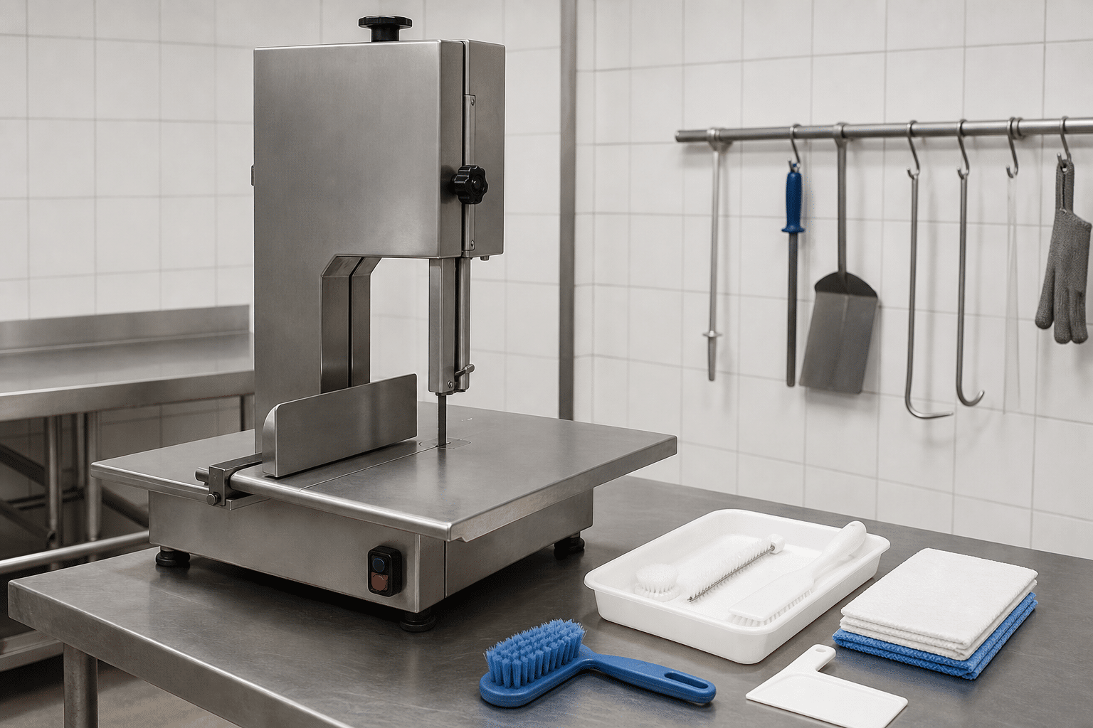Clean commercial bone saw prepared for routine inspection and maintenance