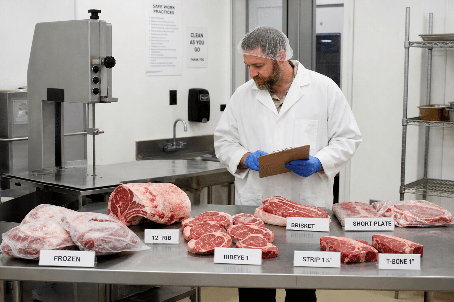 Butcher reviewing products before selecting a commercial bone saw