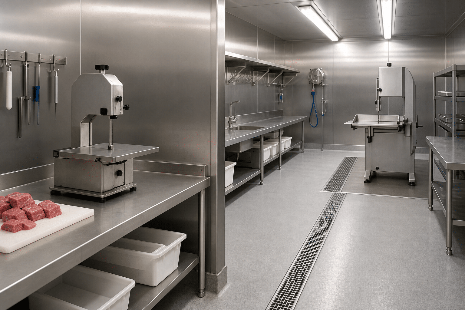 Tabletop and floor commercial bone saw configurations in a cutting room