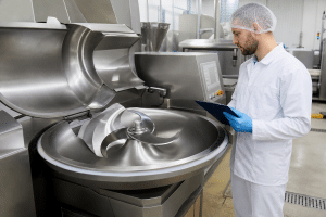 Technician inspecting clean bowl cutter blades during routine maintenance