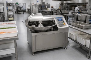 Commercial bowl cutter positioned in a clean and organised commercial kitchen workstation