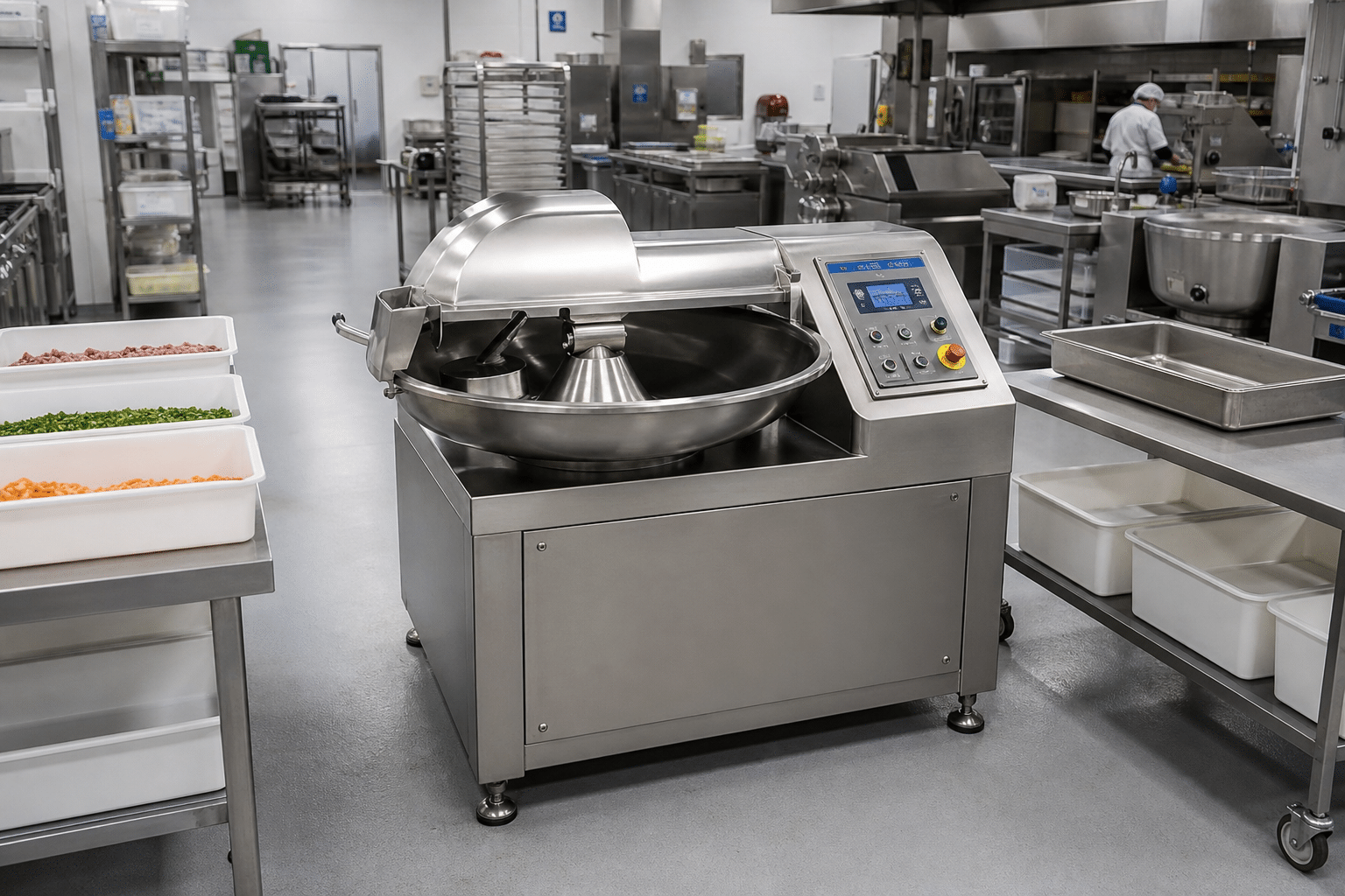 Commercial bowl cutter positioned in a clean and organised commercial kitchen workstation