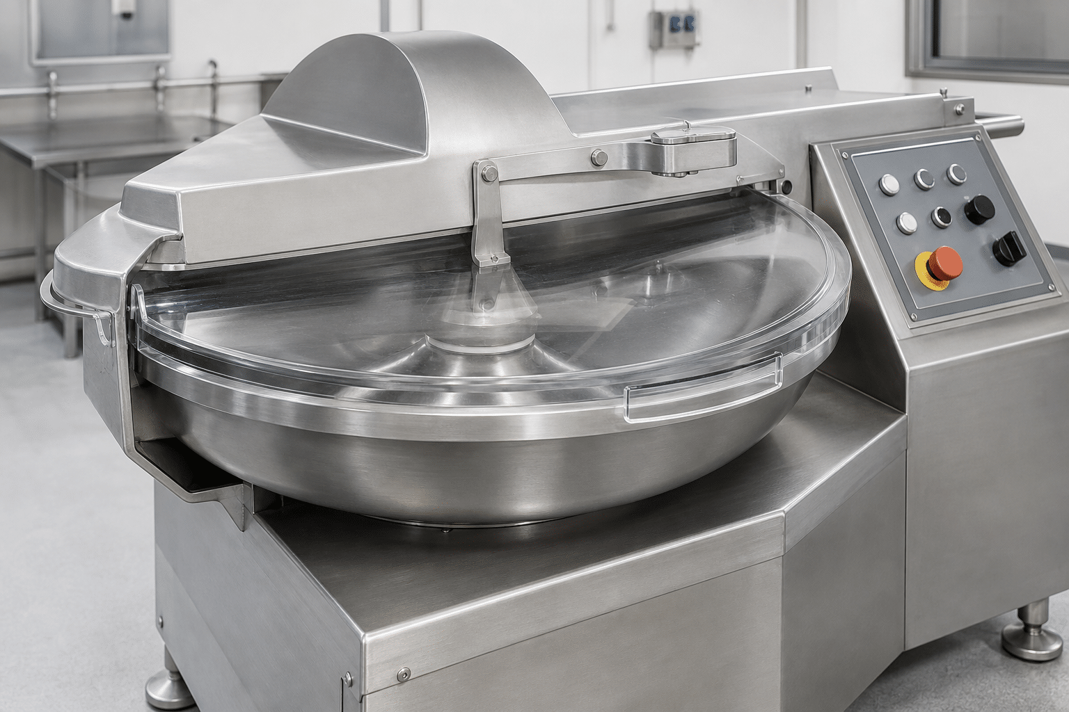Key visible components of a commercial bowl cutter in a food preparation area