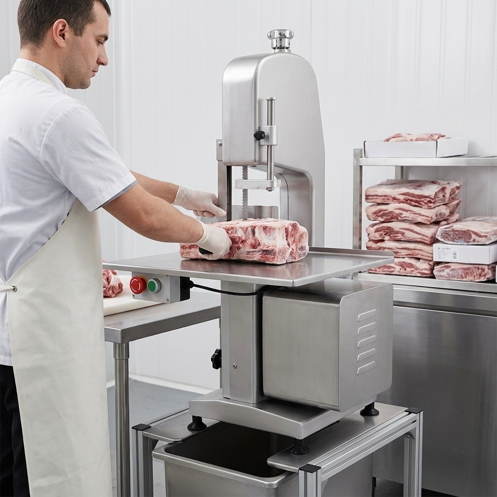 Commercial meat bone saw machine in a clean food processing workspace