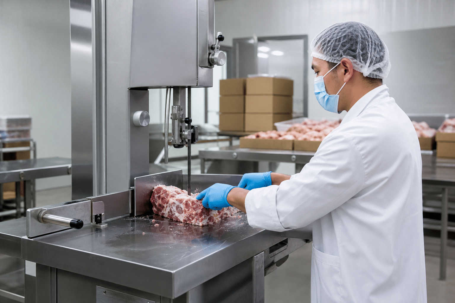 Commercial meat bone saw machine in a clean food processing workspace