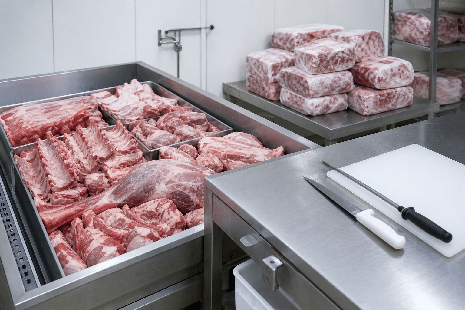 Fresh and frozen meat products prepared for commercial bone saw selection
