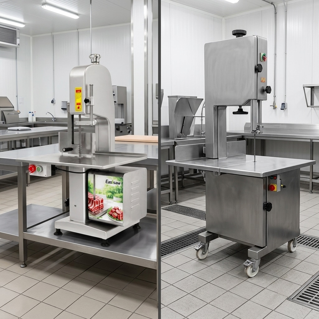 Tabletop and floor-standing commercial bone saw workspace layouts