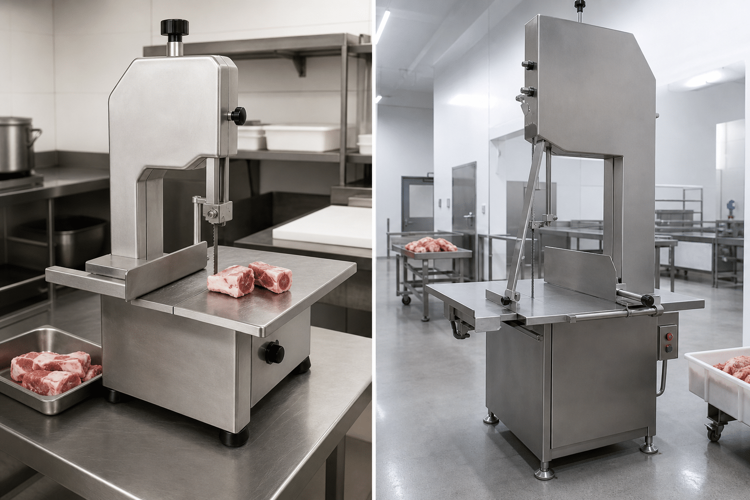 Tabletop and floor-standing commercial bone saw workspace layouts