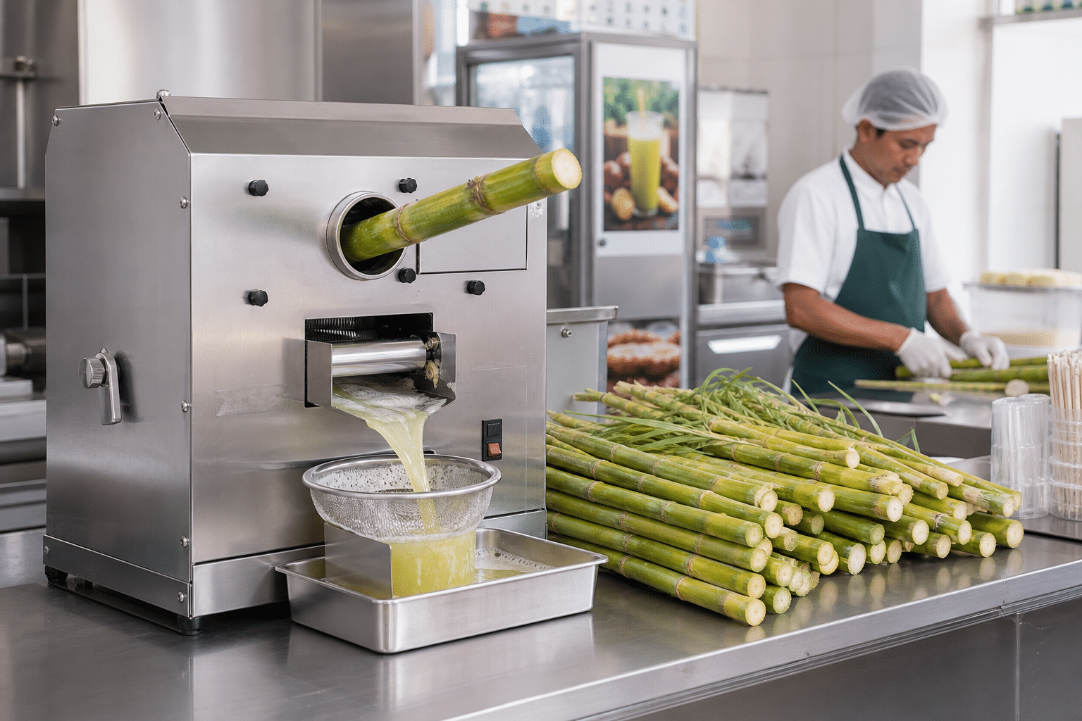 Commercial sugarcane juicer in a clean foodservice preparation workspace