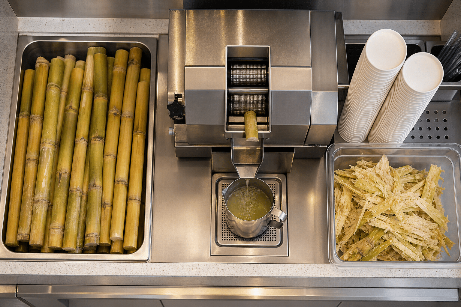 Commercial sugarcane juice workflow with preparation, extraction, serving, and waste zones