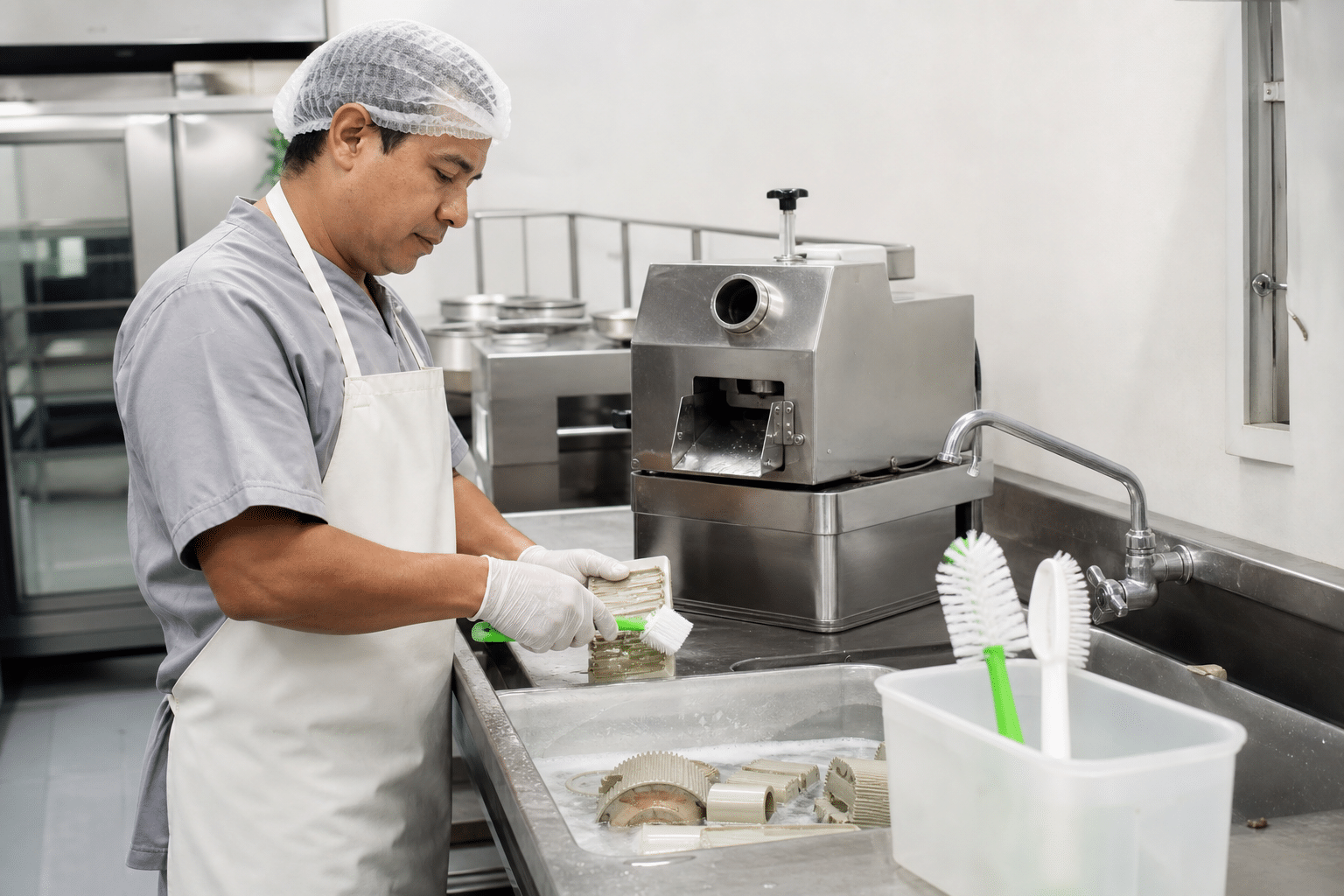 Operator cleaning accessible components of a commercial sugarcane juicer