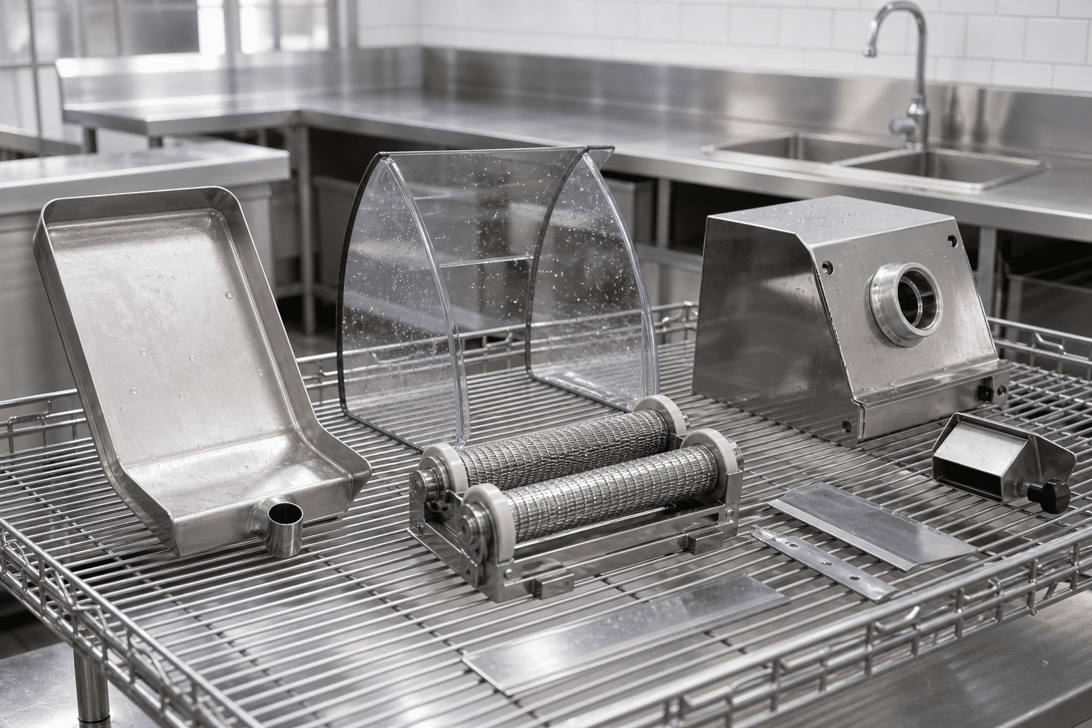 Clean sugarcane juicer components air-drying on a sanitary rack