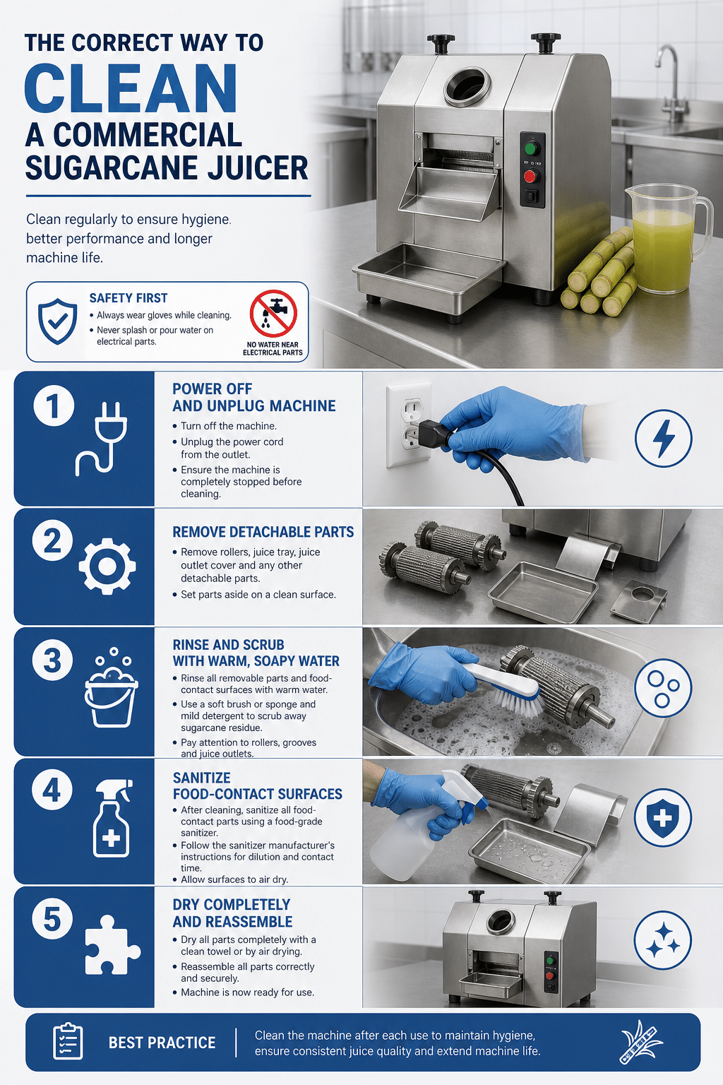 The correct way to clean a commercial sugarcane juicer