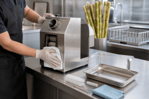 Operator cleaning a commercial sugarcane juicer with removable parts on a clean counter