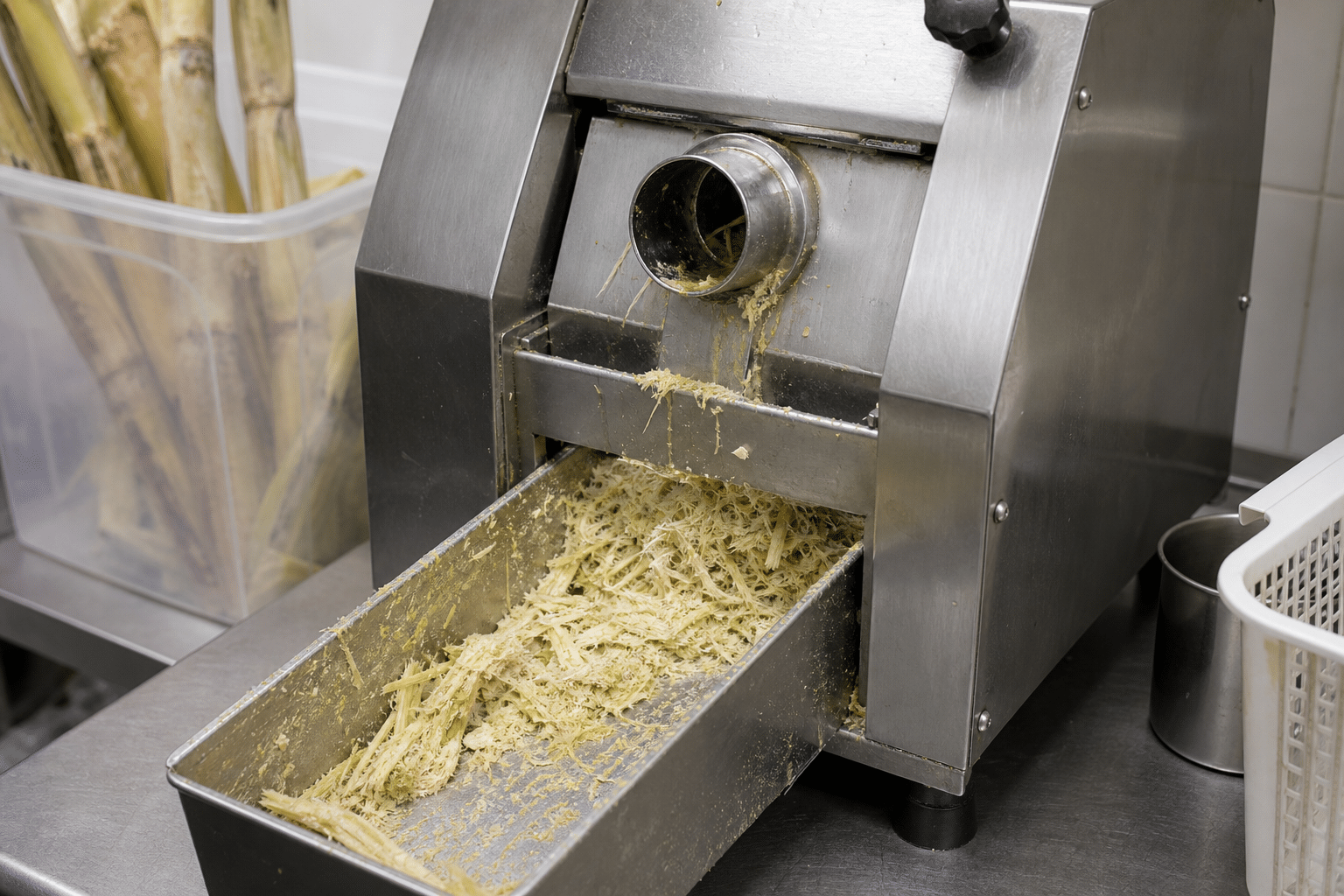Sugarcane fibre and juice residue on accessible parts of a commercial juicer