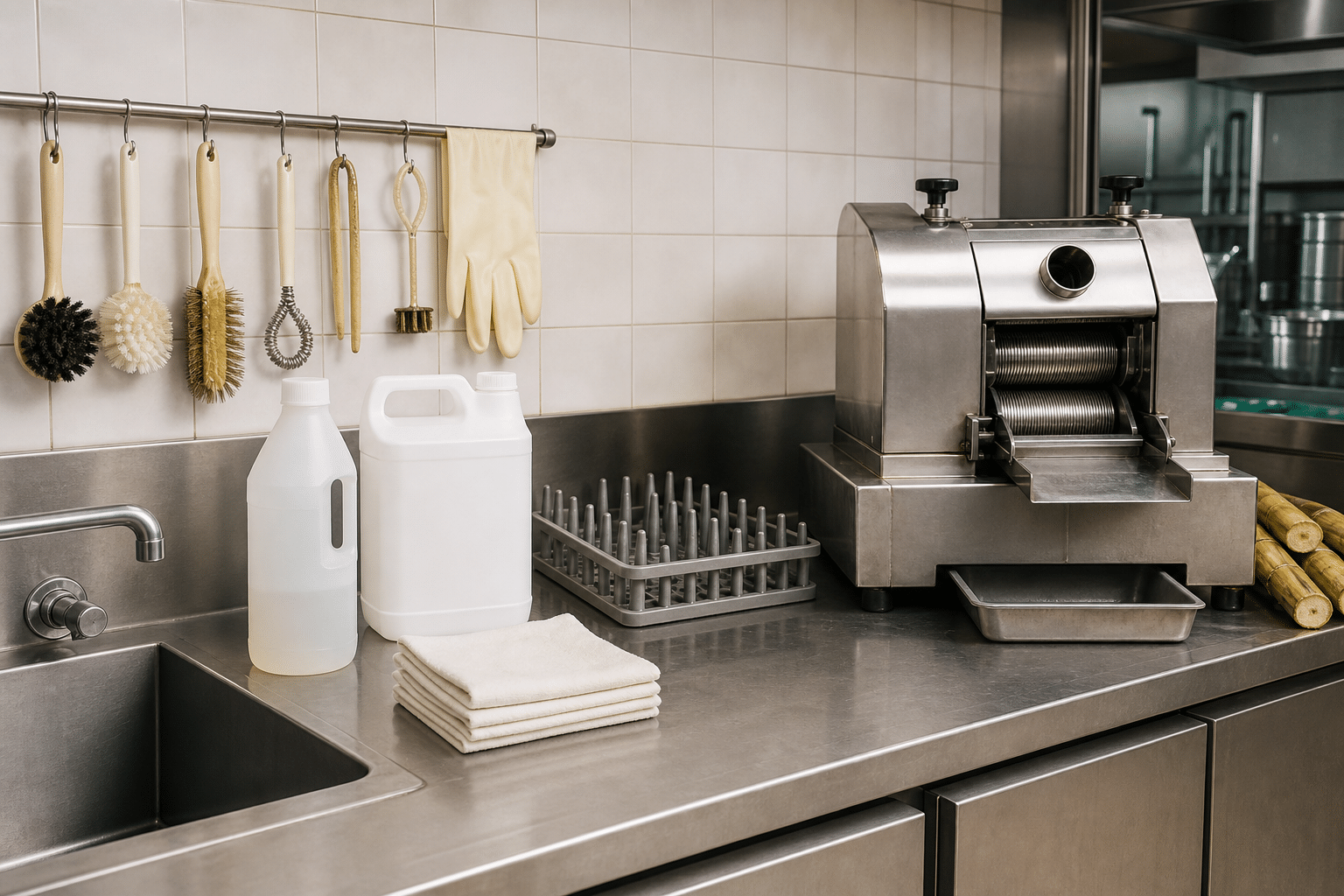 Cleaning supplies prepared beside an unplugged commercial sugarcane juicer