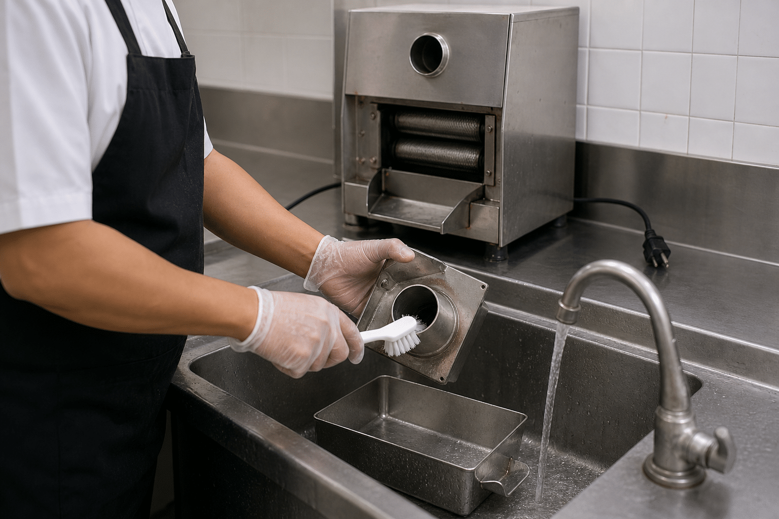 Operator washing removable commercial sugarcane juicer components with a food-safe brush