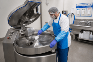 Operator cleaning an isolated commercial bowl cutter in a food processing facility