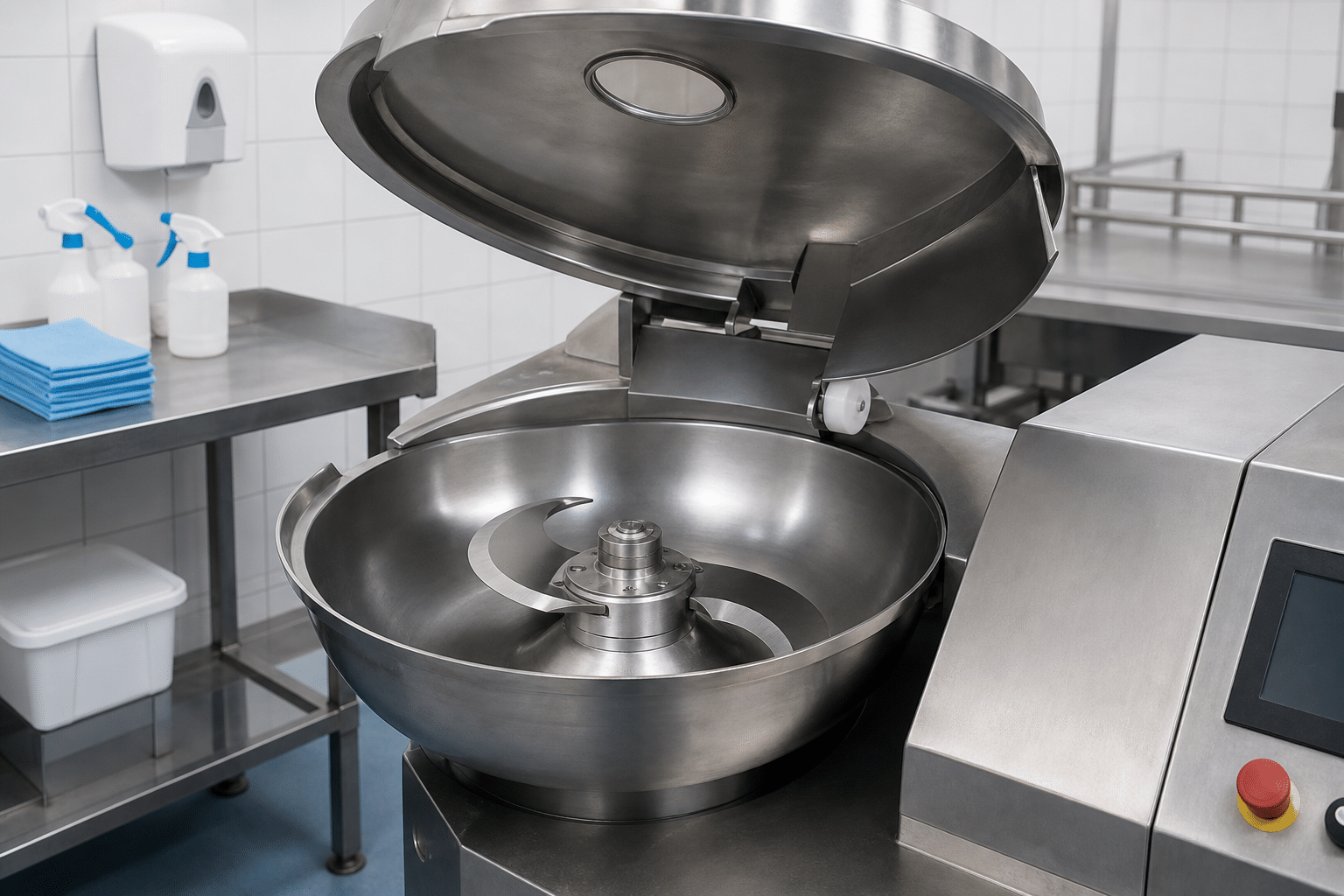 Commercial bowl cutter prepared for a safe cleaning procedure