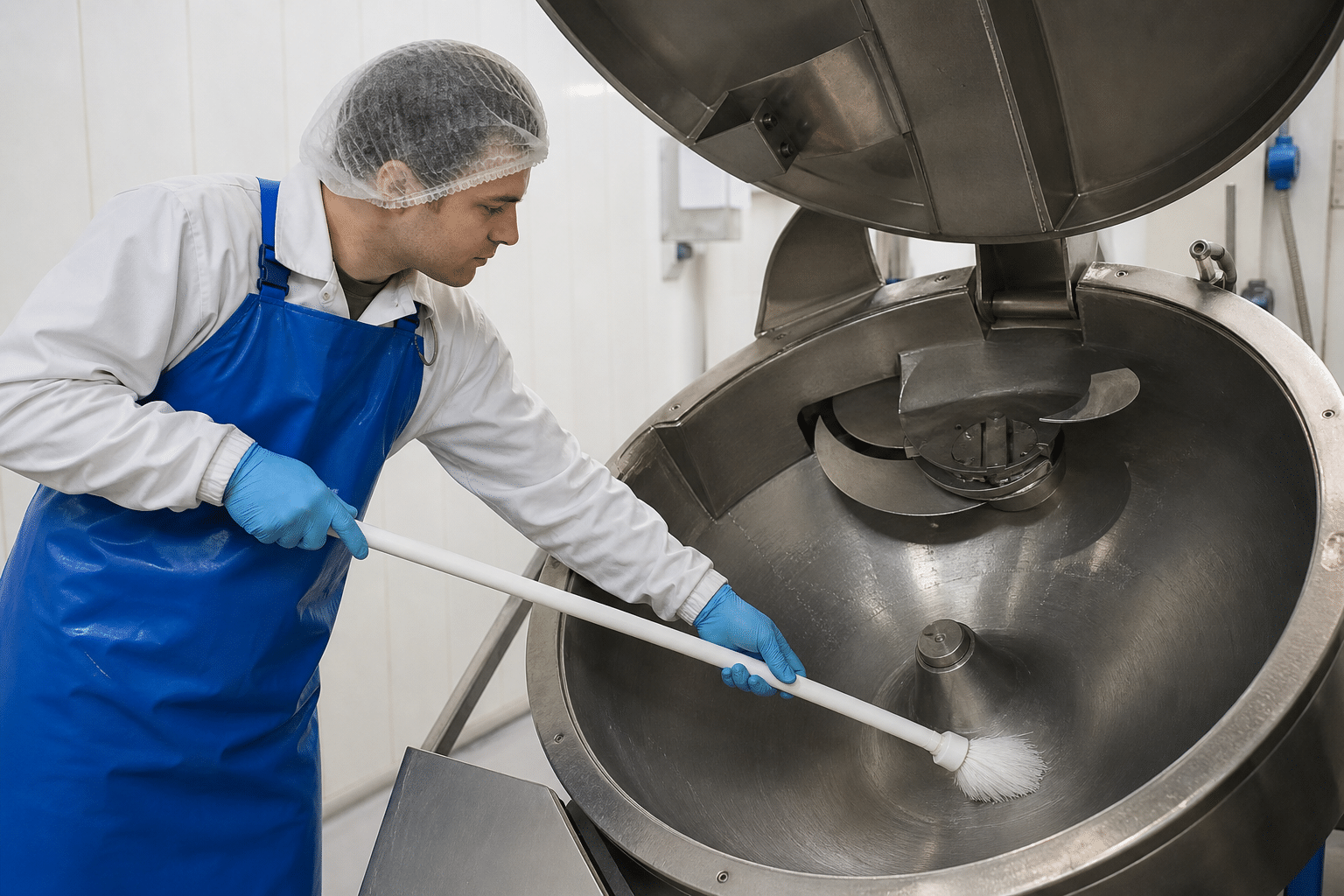 Washing the bowl interior of an isolated commercial bowl cutter with a food-safe brush