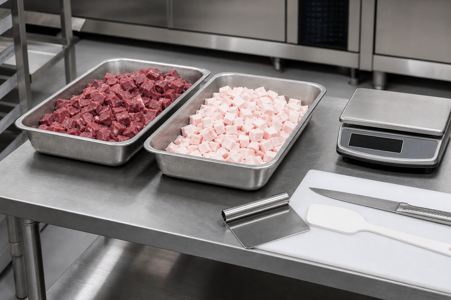 Uniformly prepared chilled meat and fat ready for bowl cutter processing