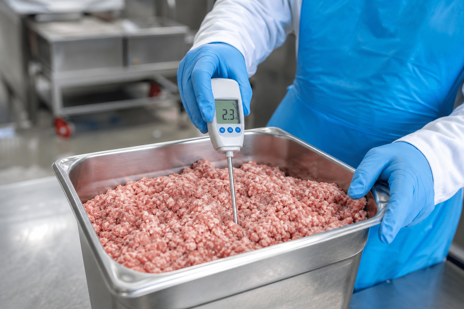 Checking meat mixture temperature during controlled bowl cutter processing