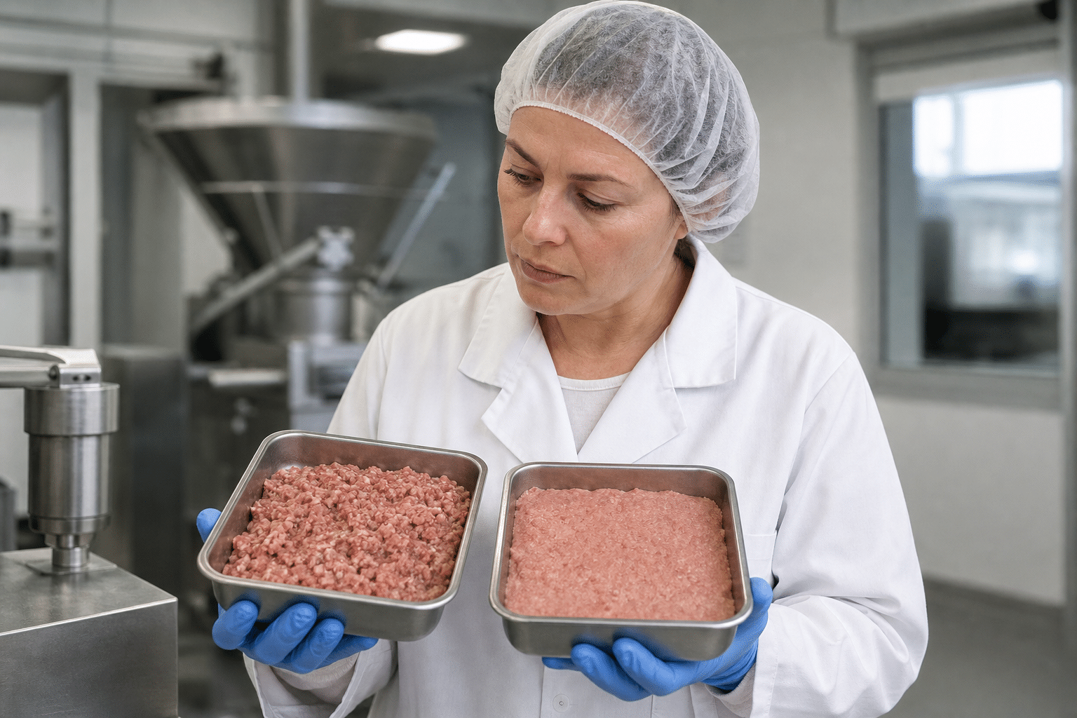 Visual quality check of meat texture after bowl cutter processing