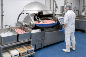 Commercial bowl cutter used for controlled sausage meat preparation in a hygienic food processing area