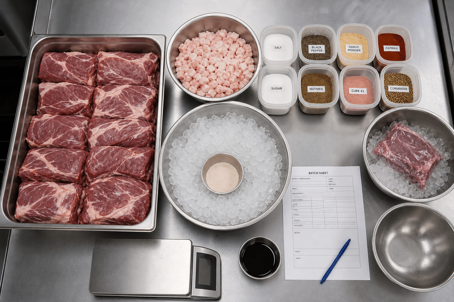 Chilled meat, fat, spices and ice staged for sausage meat preparation