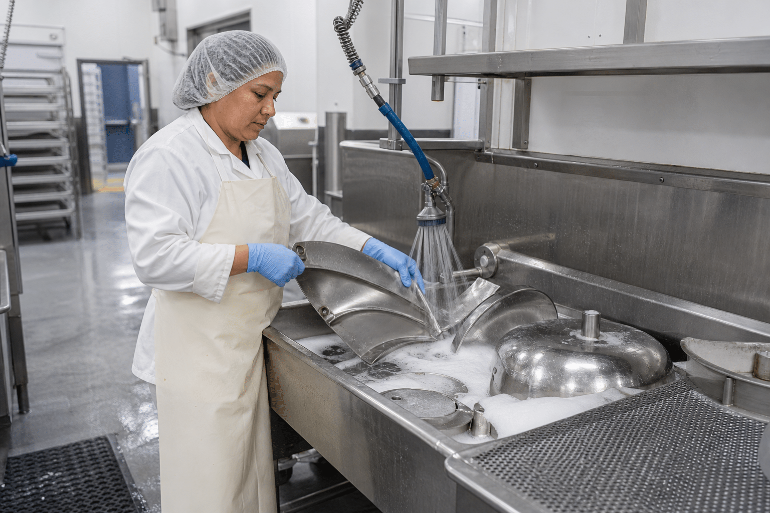 Cleaning food-contact components after bowl cutter sausage meat preparation