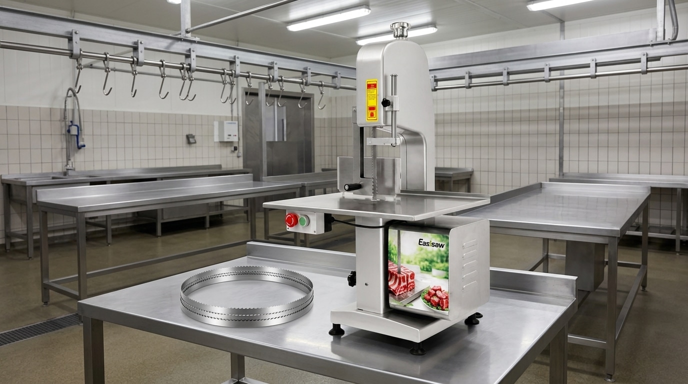 Commercial meat band saw with a replacement blade in a professional food preparation area