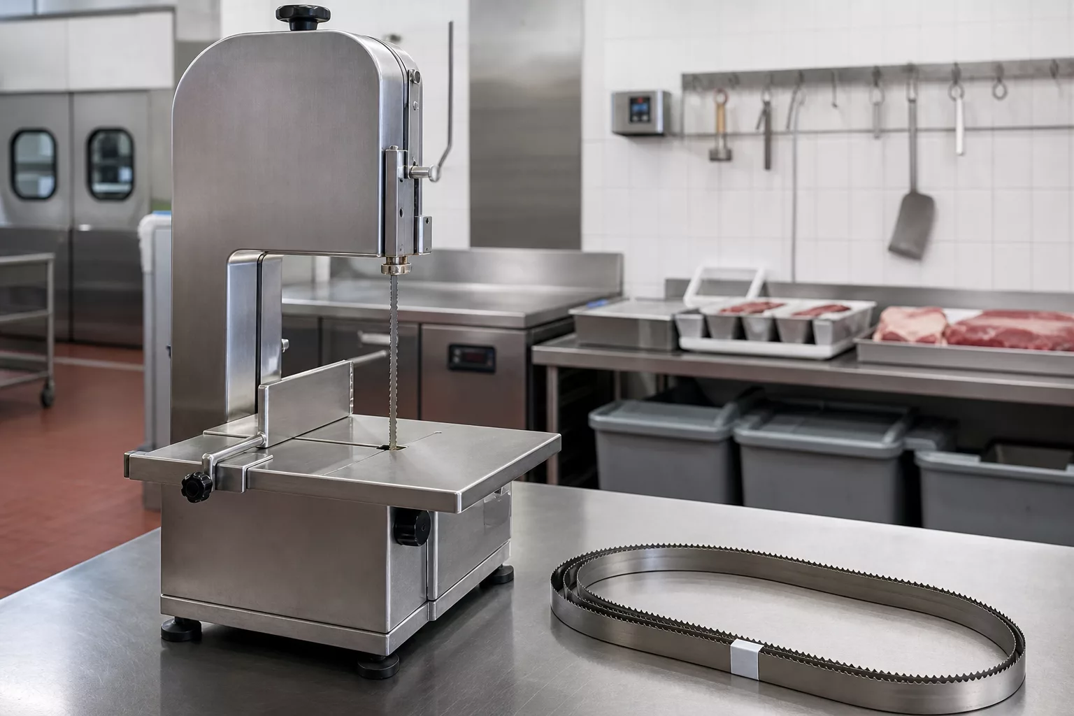 Commercial meat band saw with a replacement blade in a professional food preparation area