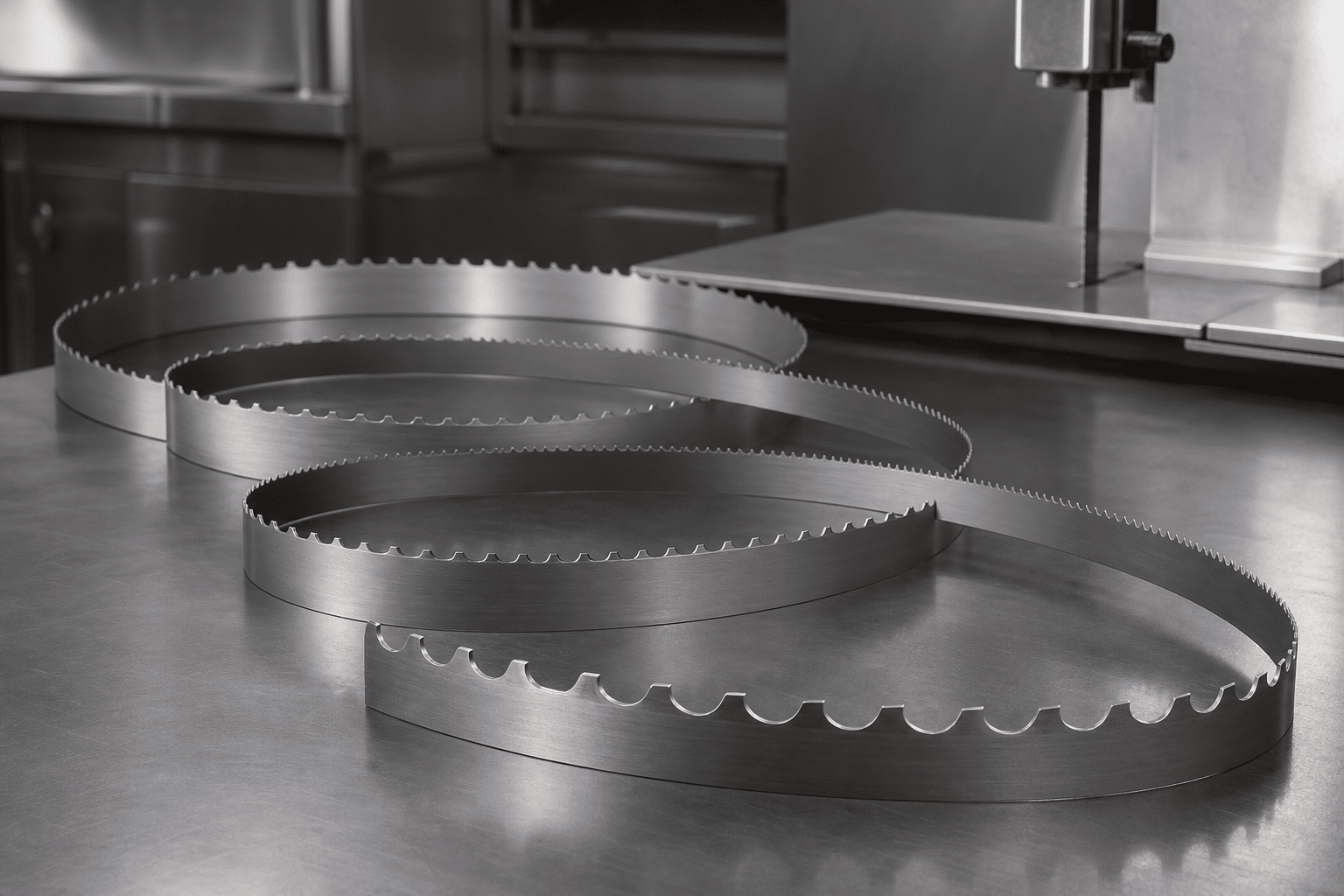 Commercial band saw blade sections showing different tooth spacing