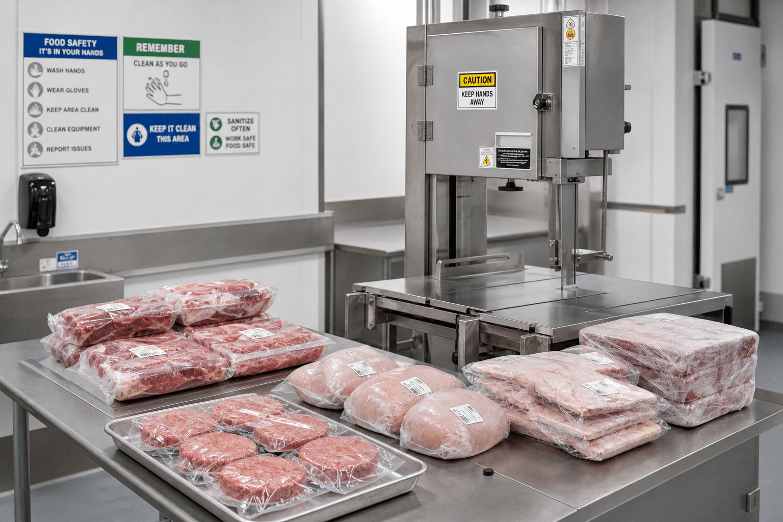 Commercial kitchen workstation prepared for chilled and frozen meat cutting