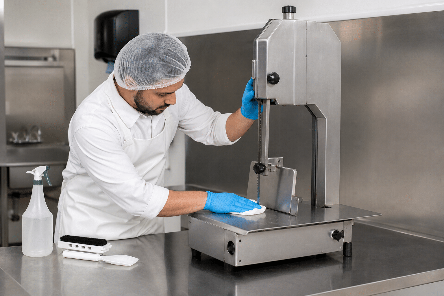 Safe inspection and cleaning of a commercial meat band saw