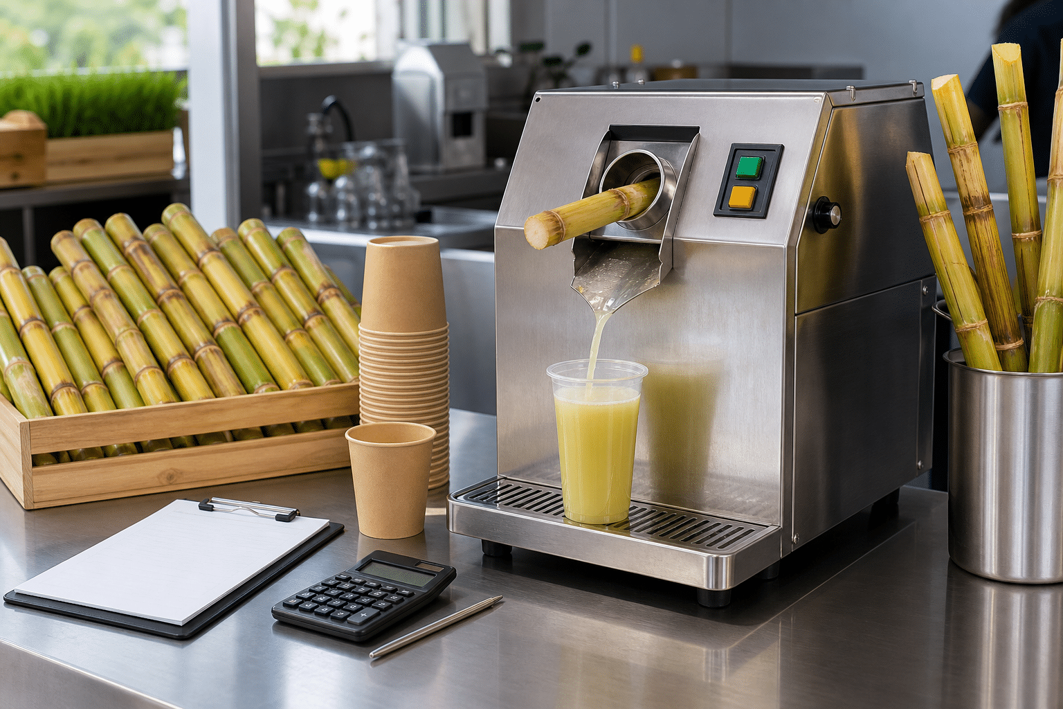 Commercial sugarcane juicer and business budgeting tools at a juice bar