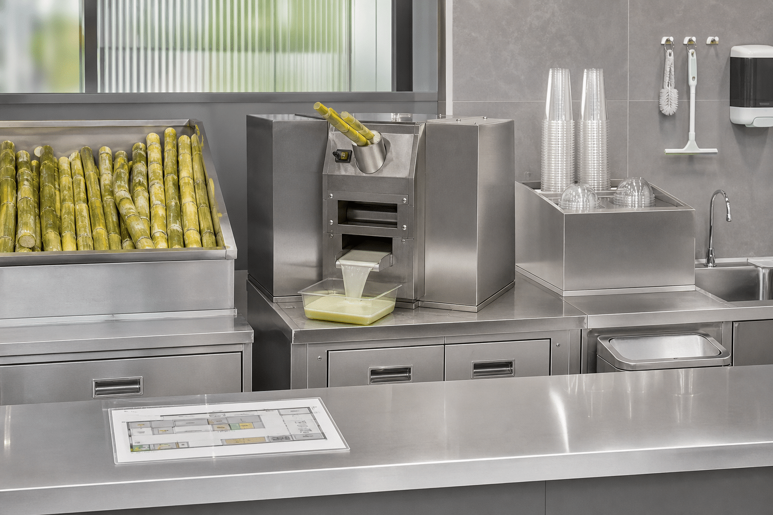 Commercial sugarcane juicer counter layout with workspace and supplies