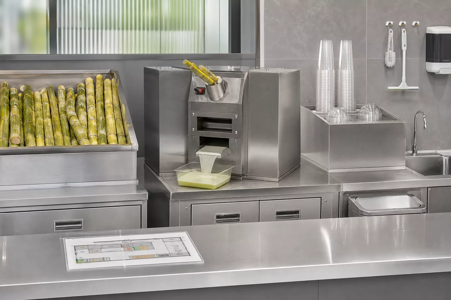 Commercial sugarcane juicer counter layout with workspace and supplies