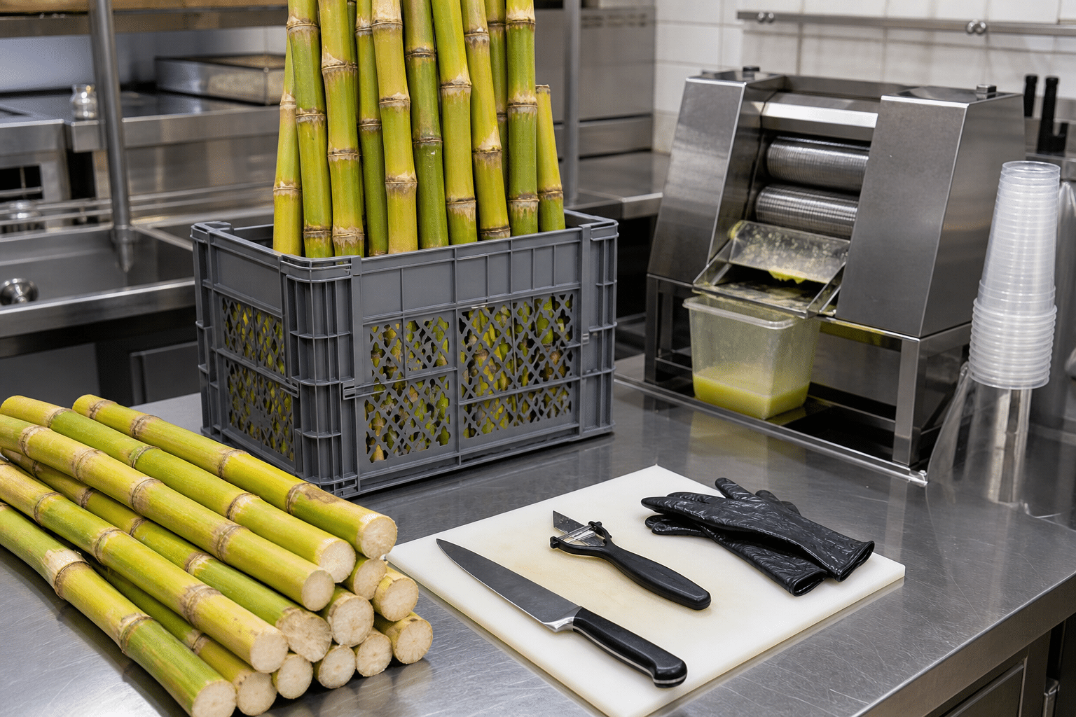Organized sugarcane preparation area for commercial juice production