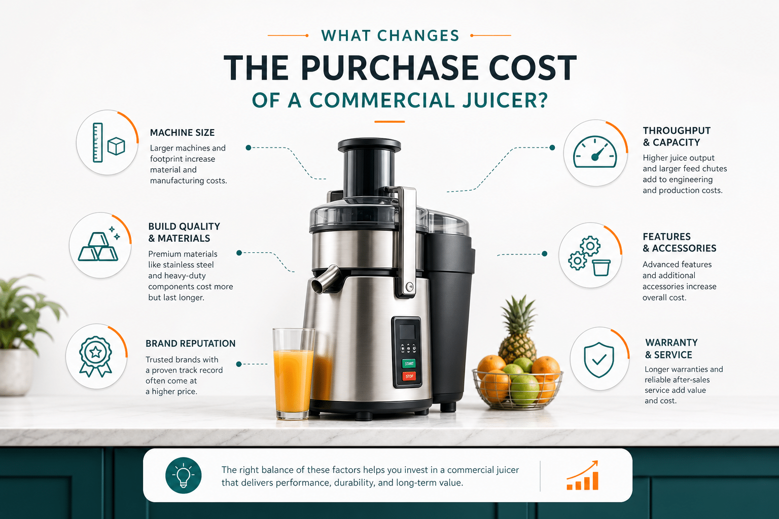 What changes the purchase cost of a commercial juicer?