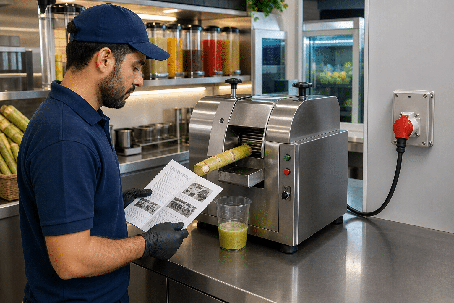 Commercial sugarcane juicer installed near a suitable electrical power outlet