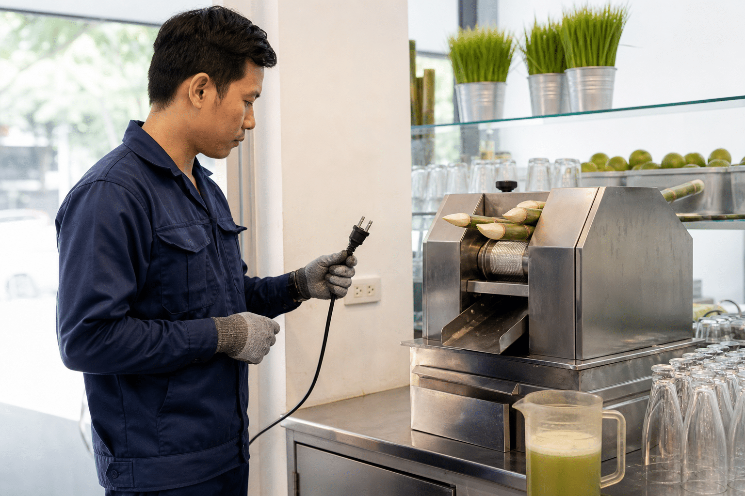 Electrician inspecting the power connection for a commercial sugarcane juicer