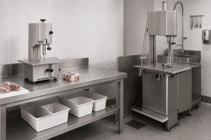 Tabletop and floor commercial bone saws in separate hygienic food-processing workstations