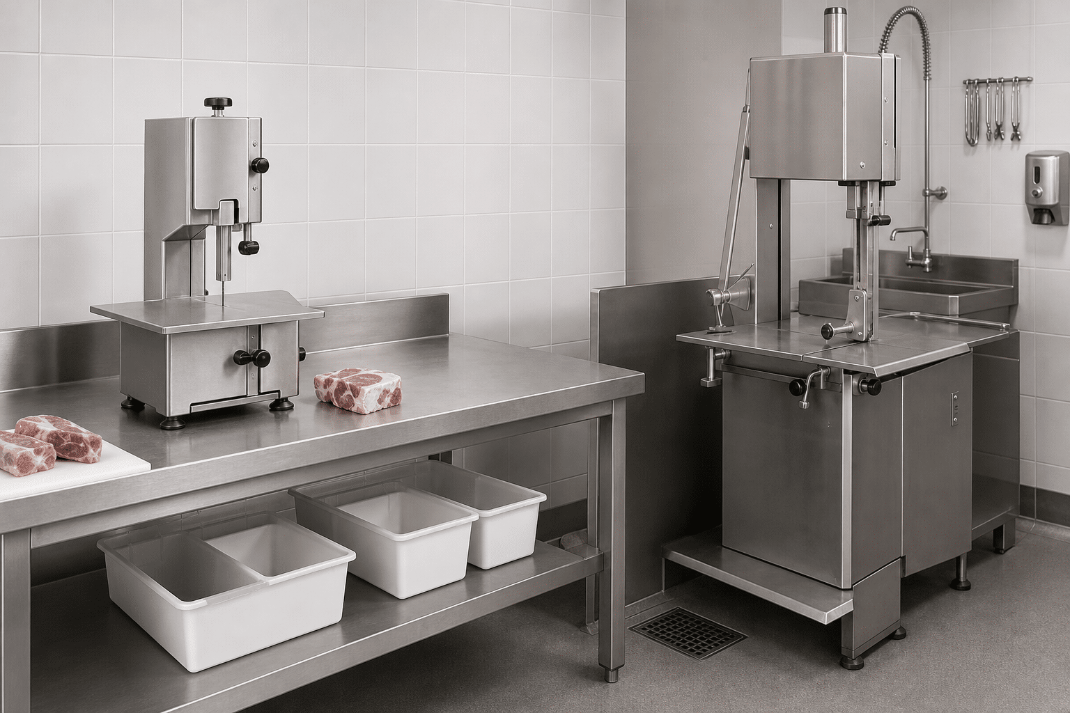Tabletop and floor commercial bone saws in separate hygienic food-processing workstations